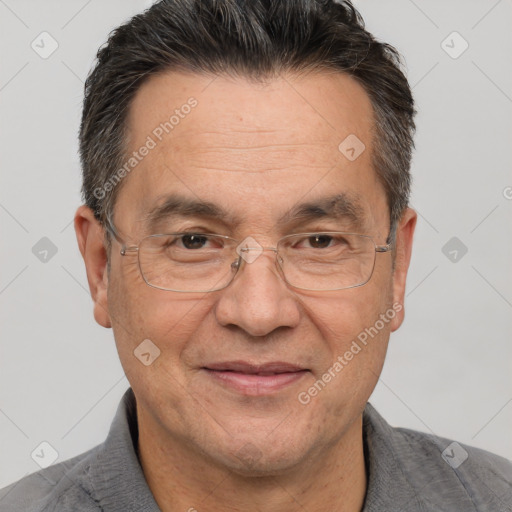 Joyful white middle-aged male with short  brown hair and brown eyes