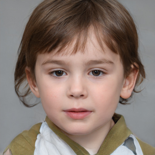 Neutral white child female with medium  brown hair and grey eyes