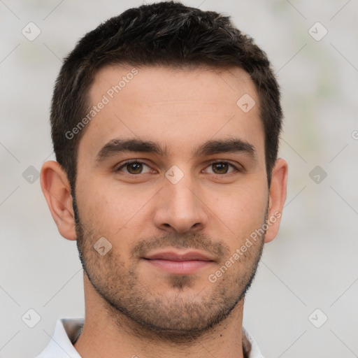 Neutral white young-adult male with short  brown hair and brown eyes