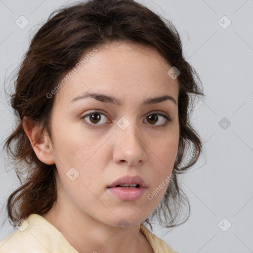 Neutral white young-adult female with medium  brown hair and brown eyes