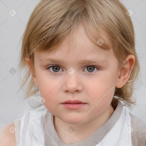 Neutral white child female with medium  brown hair and grey eyes