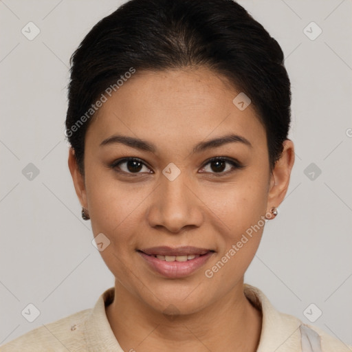 Joyful latino young-adult female with short  brown hair and brown eyes