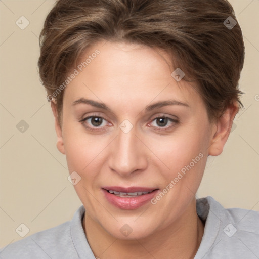 Joyful white adult female with short  brown hair and brown eyes