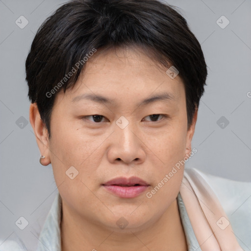 Joyful asian young-adult female with short  brown hair and brown eyes