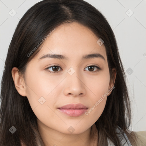 Neutral asian young-adult female with long  brown hair and brown eyes