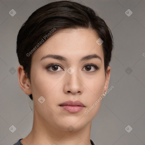 Neutral white young-adult female with short  brown hair and brown eyes