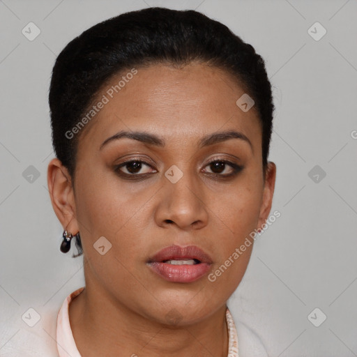 Neutral black young-adult female with short  brown hair and brown eyes