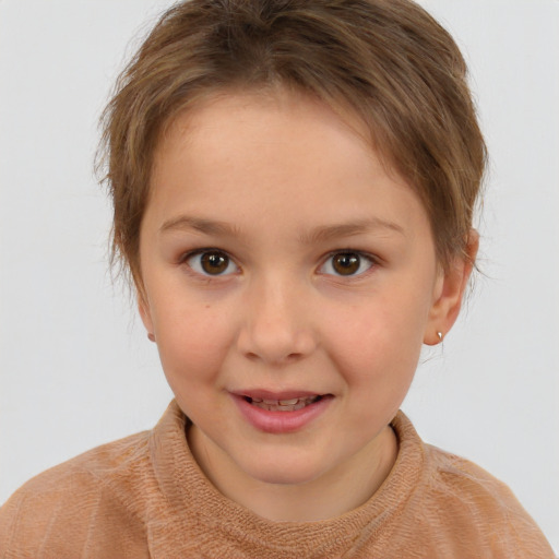 Joyful white child female with short  brown hair and brown eyes