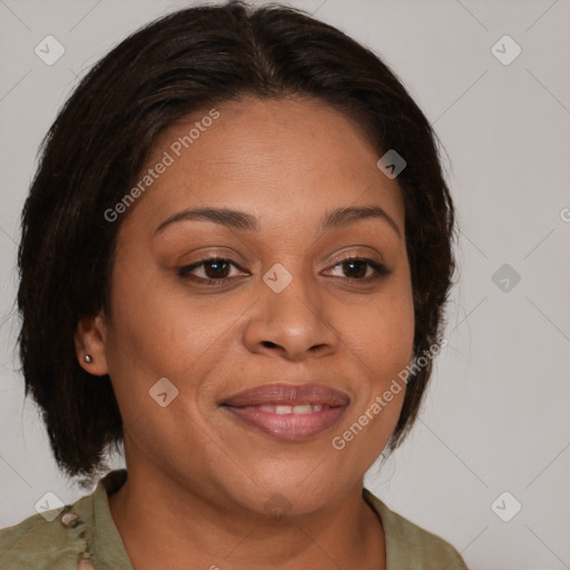 Joyful white adult female with medium  brown hair and brown eyes