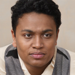 Joyful latino young-adult male with short  brown hair and brown eyes