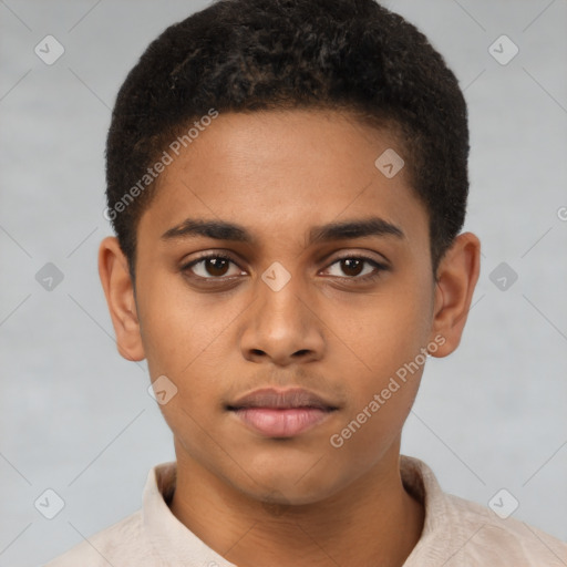 Neutral latino young-adult male with short  brown hair and brown eyes