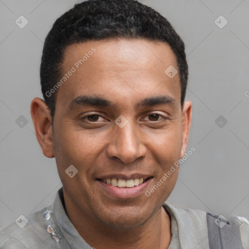 Joyful latino young-adult male with short  brown hair and brown eyes