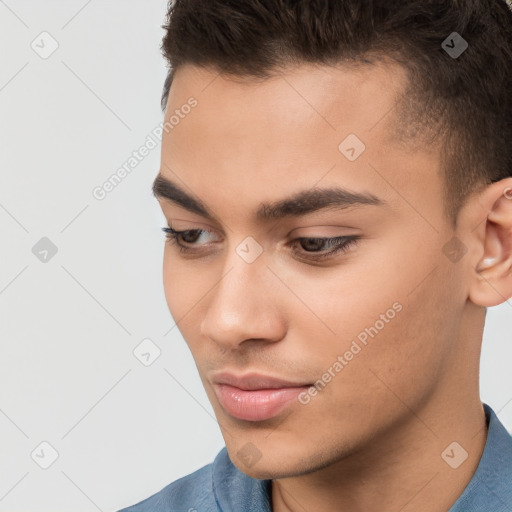 Neutral white young-adult male with short  brown hair and brown eyes