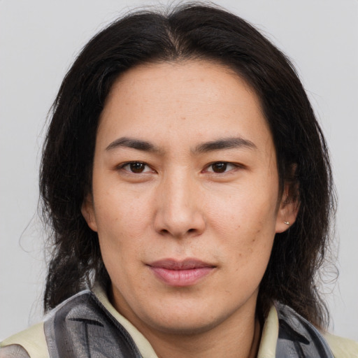Neutral asian young-adult female with medium  brown hair and brown eyes