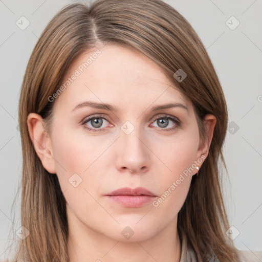 Neutral white young-adult female with long  brown hair and grey eyes