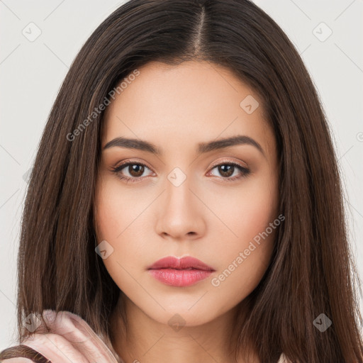 Neutral white young-adult female with long  brown hair and brown eyes