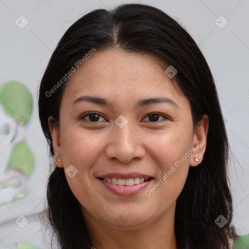 Joyful asian young-adult female with medium  brown hair and brown eyes