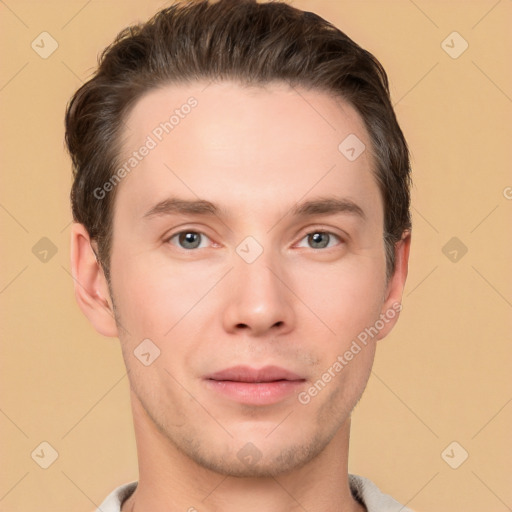 Neutral white young-adult male with short  brown hair and brown eyes