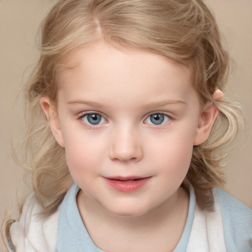 Joyful white child female with medium  blond hair and grey eyes