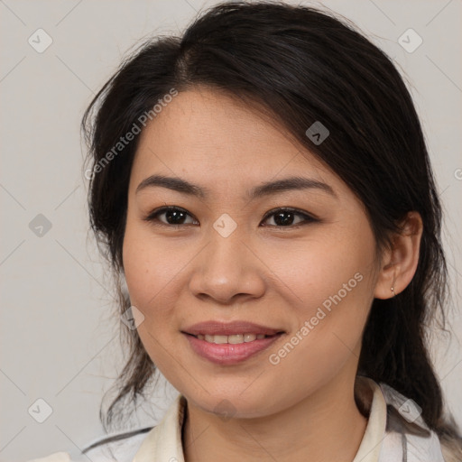 Joyful white young-adult female with medium  brown hair and brown eyes