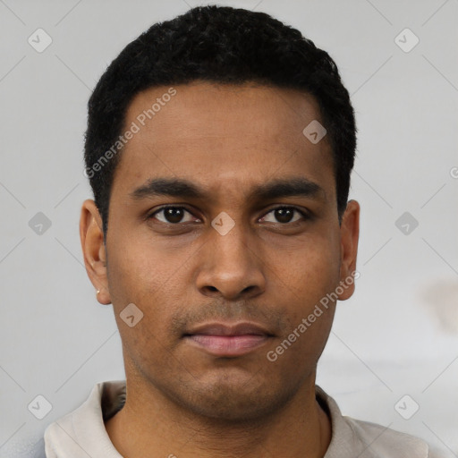 Neutral latino young-adult male with short  black hair and brown eyes