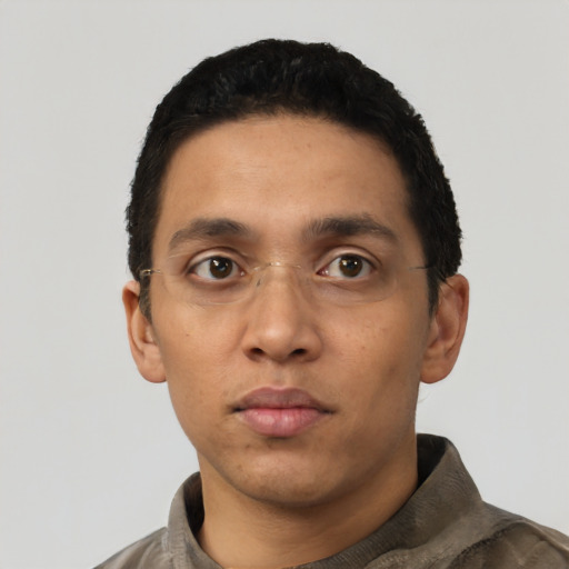 Neutral latino young-adult male with short  black hair and brown eyes