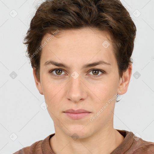 Neutral white young-adult female with short  brown hair and brown eyes