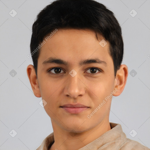 Joyful latino young-adult male with short  brown hair and brown eyes