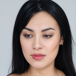 Neutral asian young-adult female with long  black hair and brown eyes