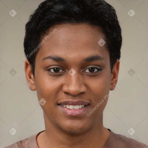 Joyful black young-adult female with short  black hair and brown eyes