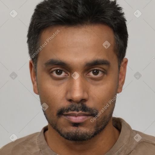 Neutral latino young-adult male with short  black hair and brown eyes
