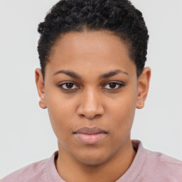 Neutral black young-adult female with short  black hair and brown eyes