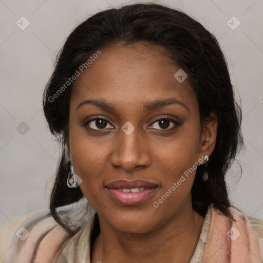 Joyful black young-adult female with medium  brown hair and brown eyes