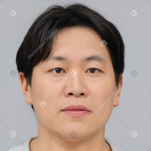 Neutral asian young-adult male with short  brown hair and brown eyes