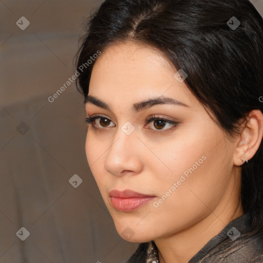 Neutral white young-adult female with medium  brown hair and brown eyes