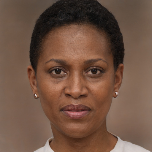 Joyful black adult female with short  brown hair and brown eyes