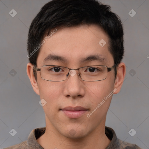 Neutral white young-adult male with short  brown hair and grey eyes