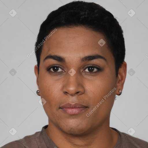 Neutral latino young-adult female with short  black hair and brown eyes