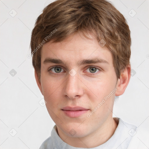 Neutral white young-adult male with short  brown hair and grey eyes