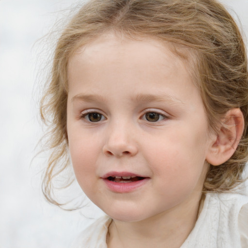 Joyful white child female with medium  brown hair and blue eyes