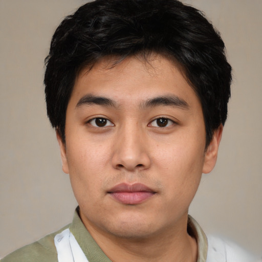 Neutral asian young-adult male with short  black hair and brown eyes