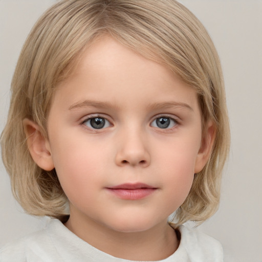 Neutral white child female with medium  brown hair and grey eyes