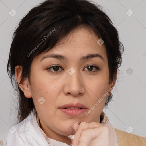 Joyful white young-adult female with medium  brown hair and brown eyes