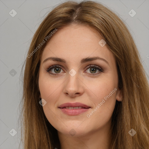 Joyful white young-adult female with long  brown hair and green eyes