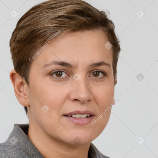 Joyful white young-adult female with short  brown hair and grey eyes