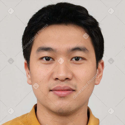 Neutral asian young-adult male with short  black hair and brown eyes