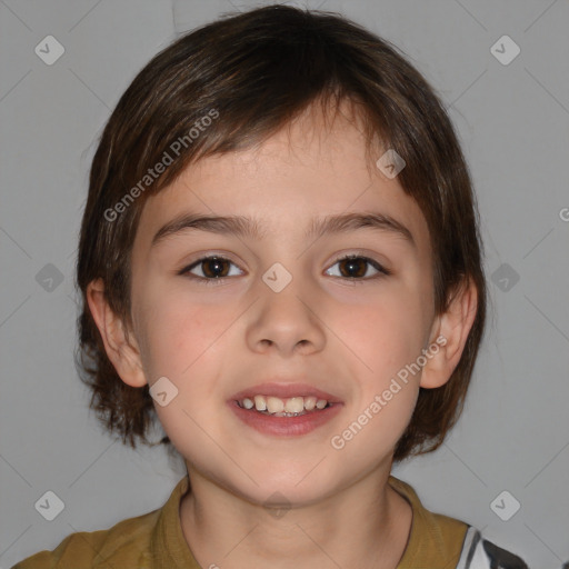 Joyful white child female with medium  brown hair and brown eyes