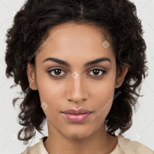 Neutral latino young-adult female with medium  brown hair and brown eyes