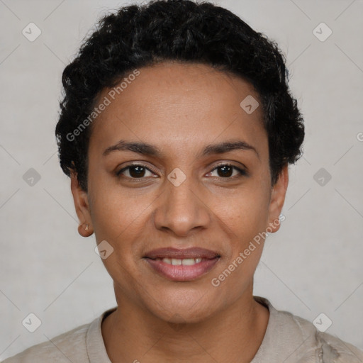 Joyful latino young-adult female with short  black hair and brown eyes