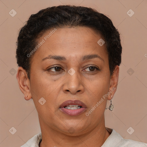 Joyful latino adult female with short  brown hair and brown eyes